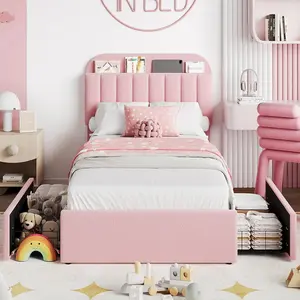 【DealsForYouDays】Twin Bed Frame with Storage Headboard, Upholstered Platform Bed with 2 Drawers and Bookcase, No Box Spring Needed, Easy Assembly, Pink Boucle Finish