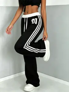 Black & White Contrast Print 01 Wide-Leg Casual Jogger Pants with Drawstring High Waist Trouser Babes