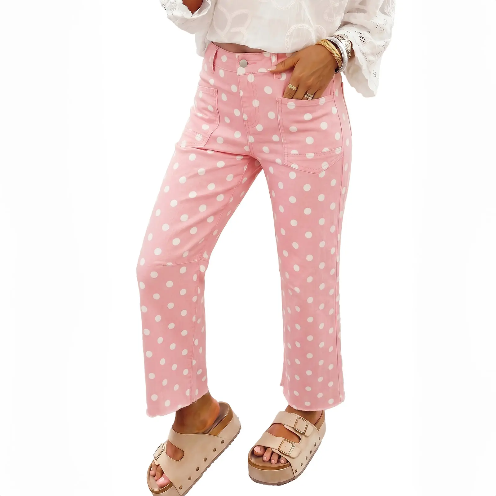 Hotapei Women's Polka Dot Wide Leg Jeans High Waisted Denim Pants Front Pockets Raw Hem Straight Casual Trousers Cute Vintage Aesthetic Y2K Streetwear Bottoms Fashion Trendy Loose Baggy Trousers Spring Summer Holiday Daily Wear Cute Outfit Essentials
