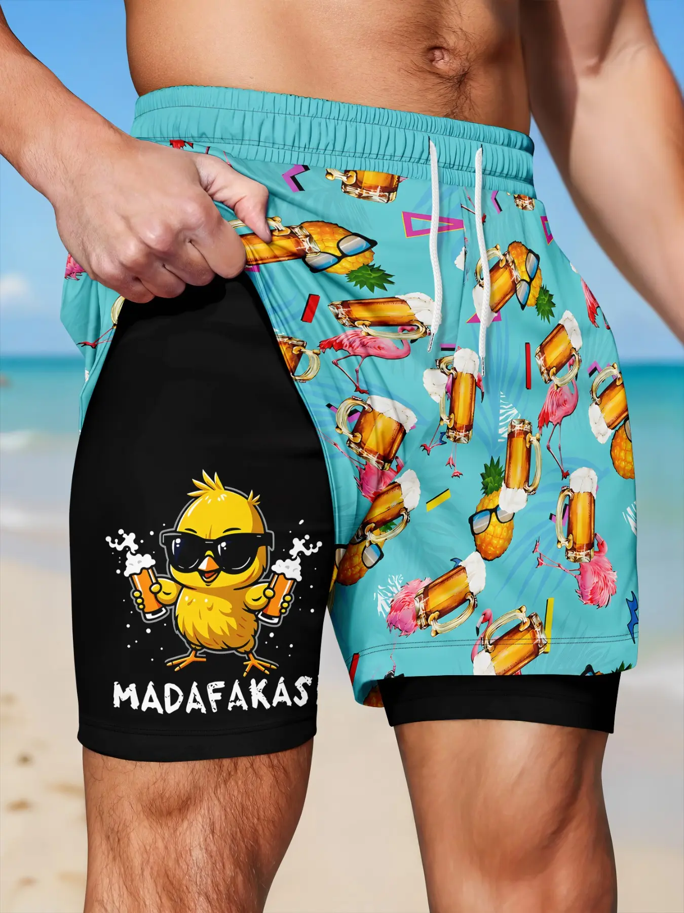 Men's Madafakas Duck Print Beach Shorts, Beach Pool Wear, Dual-Layer Lining, Beer and Flamingo Pattern, Sporty Loose-Fit, All Seasons, Summer Beach Trunks