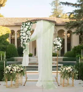 Arch Backdrop Stand with 2 PCS Pearl-Adorned Tulle Garden Arch Decoration Metal Frame for Wedding Ceremony Anniversary Indoor Party Decor Round Balloon Banners