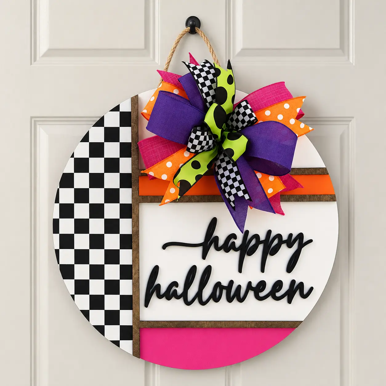 3D Happy Halloween Wooden Door Hanger, Colorful Halloween Front Door Decor, Farmhouse Spooky Welcome Sign, Round Porch Hanging Decoration, Halloween Party Home Decor