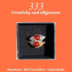333 Angel Number Inspired Crystal Ring Sunstone Red Carnelian Labradorite for Divine Alignment and Creativity Jewelry