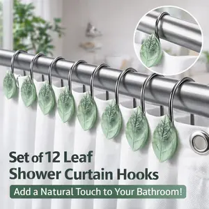 12PCS Leaves Shower Curtain Hooks – Decorative Green Plant Leaf Shower Curtain Rings, Rustproof Stainless Steel Bathroom Hardware, Farmhouse Botanical Decor for Bathroom (Leaves Design)