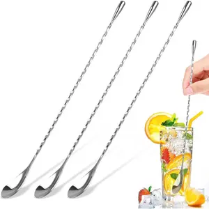 3 PCS Bar Spoon, 12 Inches Cocktail Mixing Spoons, Spiral Pattern Stainless Steel Cocktail Stirrers for Home or Bar Cocktail, Drinks, Coffee, Ice Cream, Sundae (Silver)