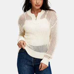 Knit & Lounge Women’s Textured Open-Knit Long Sleeve Pullover Lightweight Top With Zipper Neckline- Medium ,Beige