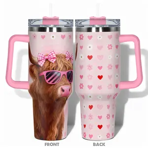 1pc Stainless Steel Cup 40oz/30oz/22oz/20oz/14oz Insulated Water Bottle,Funny Design With Cute Highland Cow with Pink Bows and Sunglasses Double-layer insulation Leakproof Tumbler Large Capacity, Reusable Travel Drinkware Needed for Gym, Hiking, Travel
