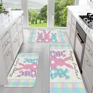 JIT 1pc Easter color-striped and rabbit-pattern fleece decorative entry carpet for kitchen set, suitable for kitchen and laundry room, Home Decor Rug, Decorative Area Rug