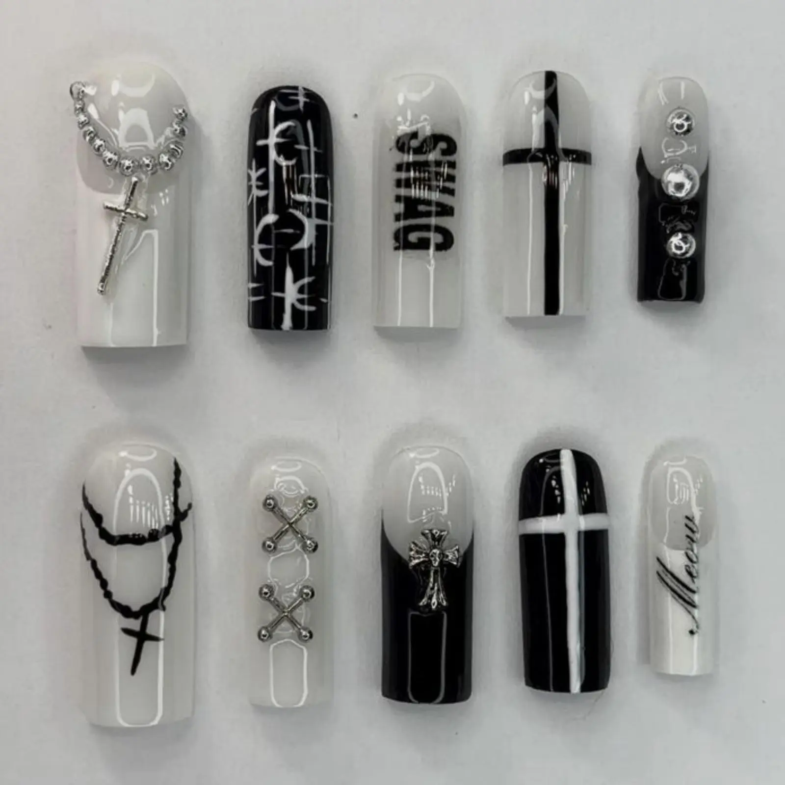 Black & White Gothic Cross Press On Nails | Grunge Aesthetic Handmade Nails | Chrome Charm Minimalist Press Ons | Luxury Alt Nails