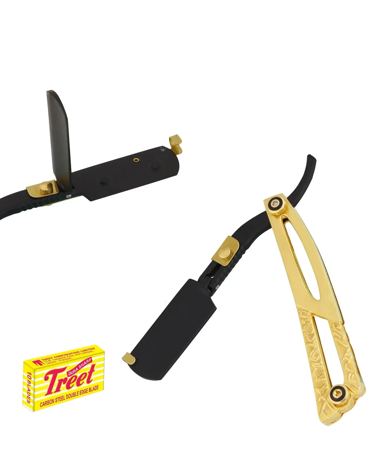 Gold and Black Straight Edge Barber Razor for All Purpose Shaving - Professional and Personal Use