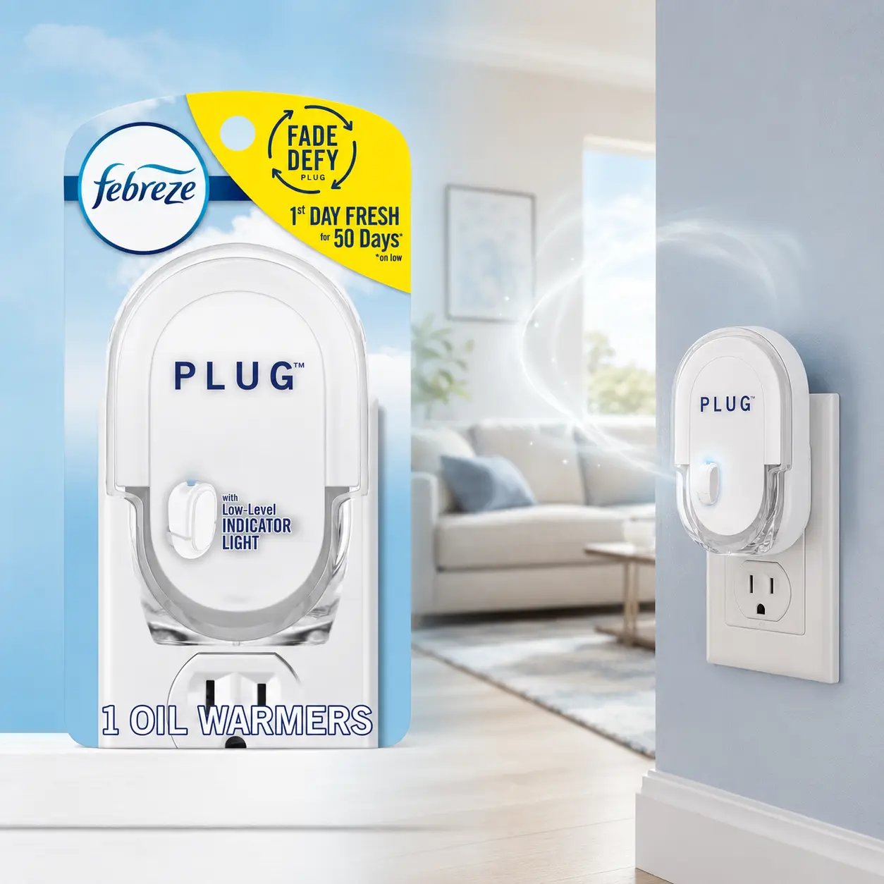 Febreze Noticeables Dual Scented Oil Warmer Plug-In Air Freshener,plug-in air freshener,dual-scent tech,odor eliminator,tough odor remover,30-day freshness,wall outlet warmer,compatible with Febreze plug warmers,bedroom,bathroom,kitchen,office,entryway,RV