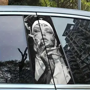 2pc Cartoon Nun Vinyl Stickers, Car B Pillar Protection Decals, Easy Peel & Stick, Sunproof Waterproof Scratch Resistant, All Car Models