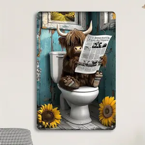 1pc Vintage Highland Cow Metal Wall Art, 8x12 inches Iron Bathroom Reading Newspaper Decor, Waterproof and Weatherproof, Ideal for Home, Bar, Cafe, Man Cave Decoration