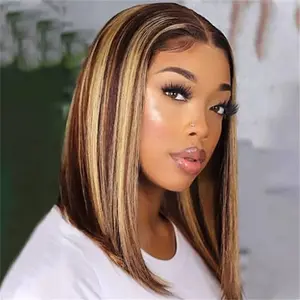 OQHAIR Highlight Bob Wigs Wear Go Glueless Wig 7x5 Pre Cut Lace Straight Bob Wigs 4/27 Colored Human Hair Wigs Preplucked Hairline Bleached Tiny Knots
