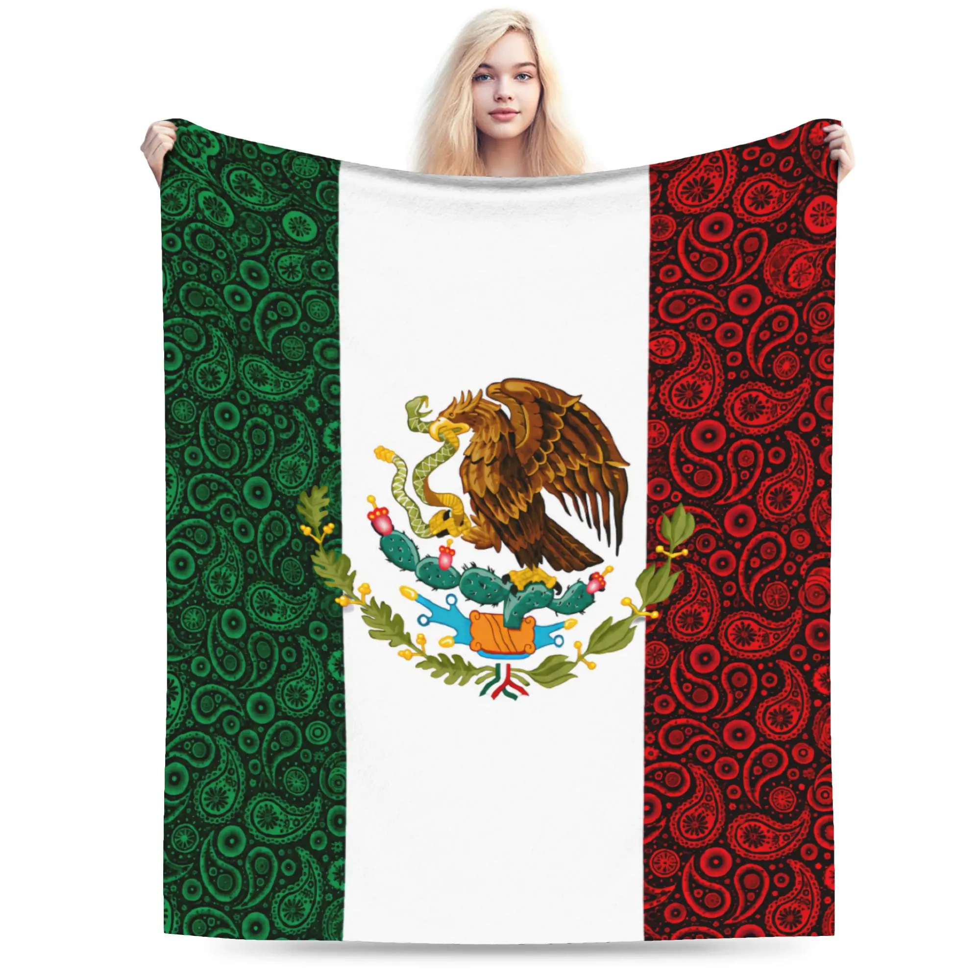 Mexican Flag Cotton Fabric Flannel Blanket with Paisley Print - Soft, Cozy, Lightweight, Warm, Glam Look - Home & Travel Use for Bedroom Sofa, Festival Vibes, Outdoor Picnic, Skin Friendly