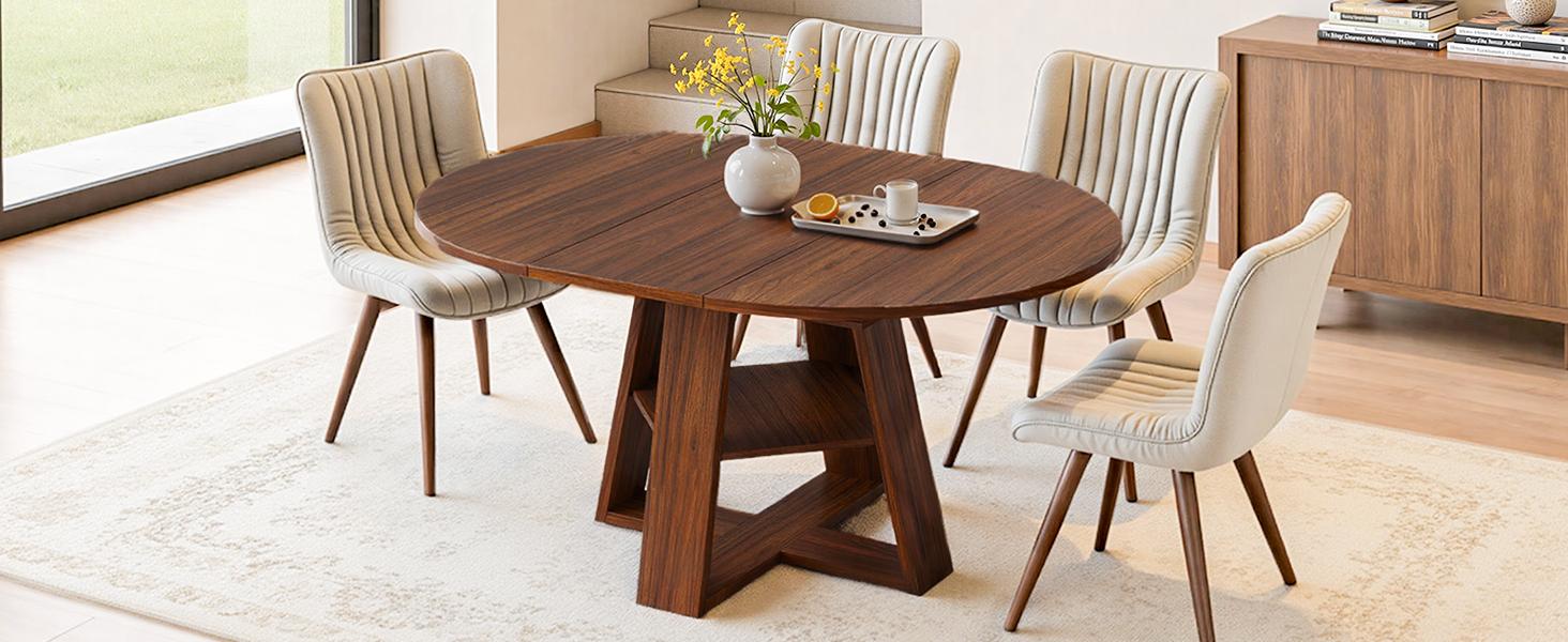 43.3‑59 in Extendable Oval Dining Table for 4‑6, Engineered Wood Round Dining Table with Hidden Extension Storage & Bottom Shelf, Space‑Saving Modern Kitchen Living Room Tables (Walnut)