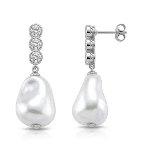 White Shell Pearl and Cubic Zirconia Fancy Earrings in Silvertone and Stainless Steel