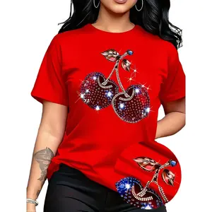 Women's  Glamorous Red Short-Sleeve T-Shirt - Sparkly Rhinestone Cherry Graphic, 100% Cotton Round Neck Top, Clothes for Women - Ideal for Parties, Casual Dates