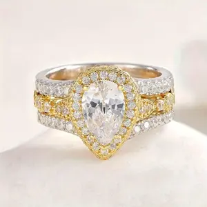 Couple's Three Layer Inlaid Water Drop Pear Shaped Cubic Zirconia Rings 2 Pcs Set Stylish Women's Engagement Jewelry Romantic Valentine's Day Gift