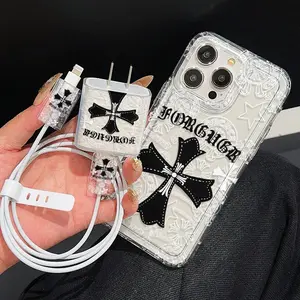 Cross & Letter Pattern Phone Case with Charger Head & Cable Protector & Storage Strap, TPU Drop-proof Shockproof Phone Protective Cover for iPhone, Casing