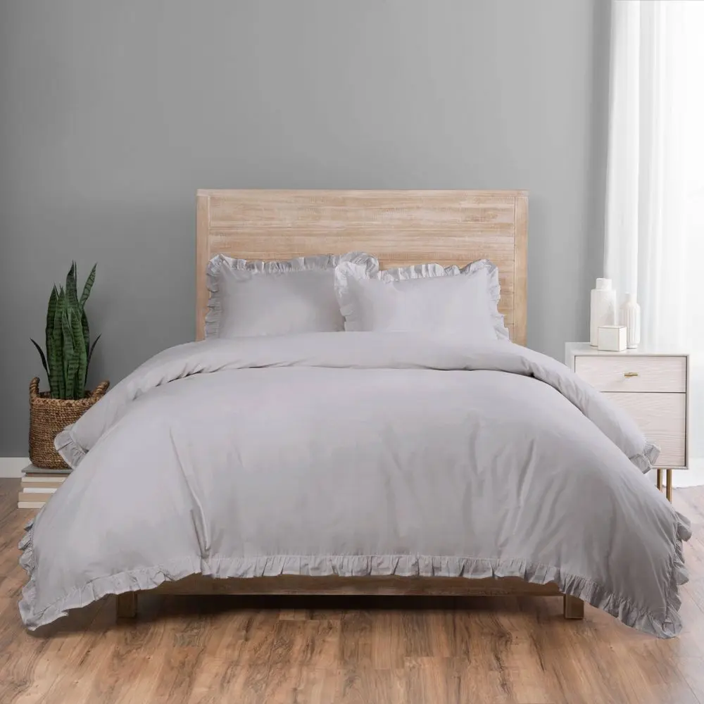 Vue Queen 3pc Rona Duvet Cover & Sham Set Gray: Cotton Bedding Set 200 Thread Count Machine Washable