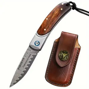 ALVELY EDC Folding Knife for Men and Women, Damascus Steel Folding Knife with Leather Scabbard, Desert Ironwood Handle, Adventure, Outdoor, Suitable for Carrying, Mountaineering Tool Folding Knife Men's Gift
