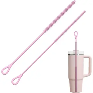 Silicone Straw Cleaner Brush, 2Pcs Reusable Straw Brush Extra Long for Cleaning Tumbler with Handle and Glass Metal Smoothie Straws, Non-slip Handle Soft and Bendable, 6mm+9mm, Pink