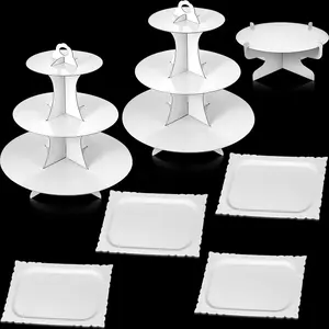 7 Pieces Cake Stand Set 3-tier Cardboard Cupcake 1-tier Display Round Rectangle Serving Tray Reusable Platters Holders For Desserts Birthday Party(white)