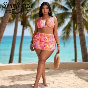 Briza｜Plus Size Women's Triangle Bikini Set High Waisted Two Piece Swimsuit Pink Orange Swirl Bathing Suit with Cover Up Pucci Style Tropical Beach Swimwear Vacation Cruise Summer Pool, Women's Swimwear, Bathing Suit for Women, Two Piece Bathing Suit