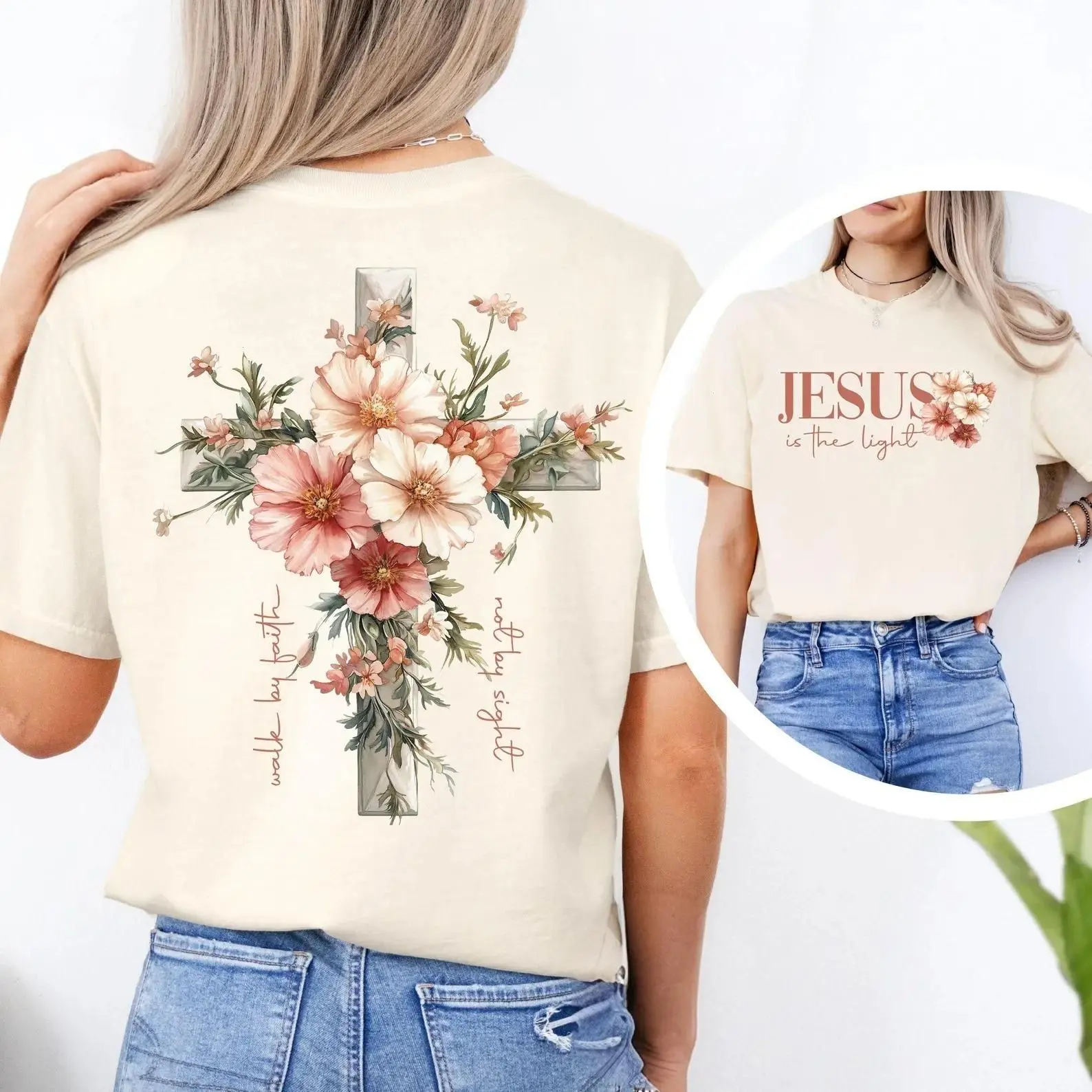 Jesus Is The Light Shirt, Walk By Faith Not By Sight Floral Cross Tee, Christian Graphic T-Shirt, Bible Verse Faith Shirt, Inspirational Religious Tee