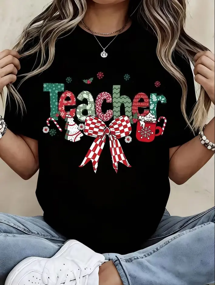 Christmas Teacher T-Shirt | Women'S Holiday Graphic Tee with Red Bow and Snowflake Design, Festive White Crewneck Top for Teachers, Xmas Gift for Educators, Comfortable Shirt