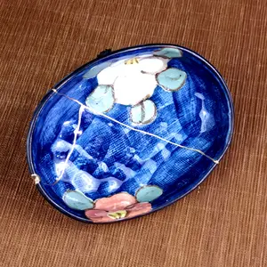 Hand-Painted Blue Camellia Kintsugi Oval Plate- Wabi-Sabi Ceramic Art (5.1") (Stand Not Included)