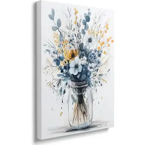 Framed Navy Blue Prints Vintage Daisy Floral Picture Wall Decor Gift Modern Poster Retro Simple Rustic Flower Canvas Wall Art Wildflower Painting for Living Room Bathroom Artwork (12"x16")