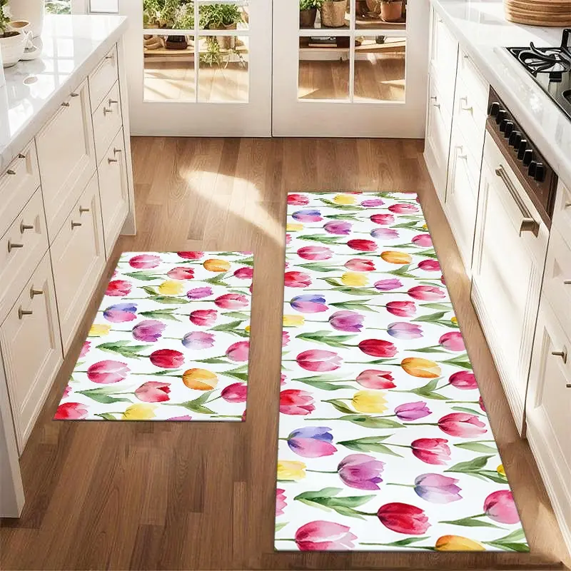 2Pcs Tulip Flowers in Spring Floor mat set including farmhouse flower pattern kitchen area Rug Floral Print Rug dining room flooring laundry room decorative carpet mat Decorative Mats Washable Kitchen Rugs