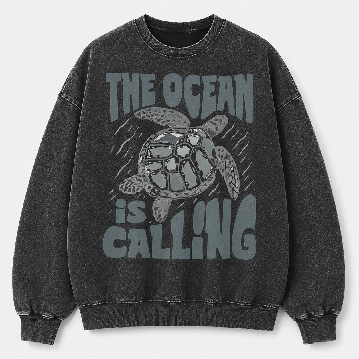 Sea Turtle Washed Sweatshirt for Men Women, Black Crew Neck Long Sleeve Pullover, Ocean Graphic Casual Beach Lover Top, Size S-5X