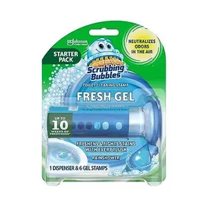 Scrubbing Bubbles Fresh Gel Toilet Bowl Cleaning Stamps, Helps Keep Toilet Clean and Helps Prevent Limescale & Rings, Rainshower Scent, 1 Dispenser with 6 Fresh Gel Stamps