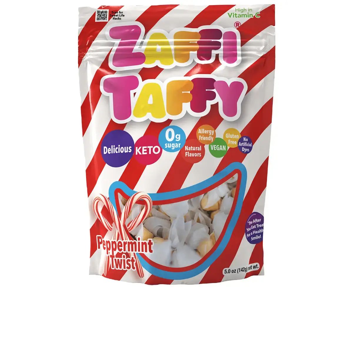 Zolli Zaffi Sugar-Free Peppermint Twist Taffy Chewy Sweets - 5oz Bag, Erythritol, Low Calories, Keto, Allergy-Friendly, Vegan, Gluten-Free, High in Vitamin C Sweet Snack