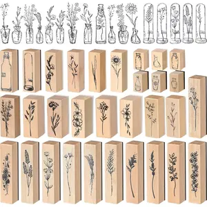 31 Pcs Flower Wooden Rubber Stamps for Crafting Vintage Plant Decorative Cute Wood Mounted Stamps Set for DIY Scrapbook Journaling Letter Diary Planner Decoration