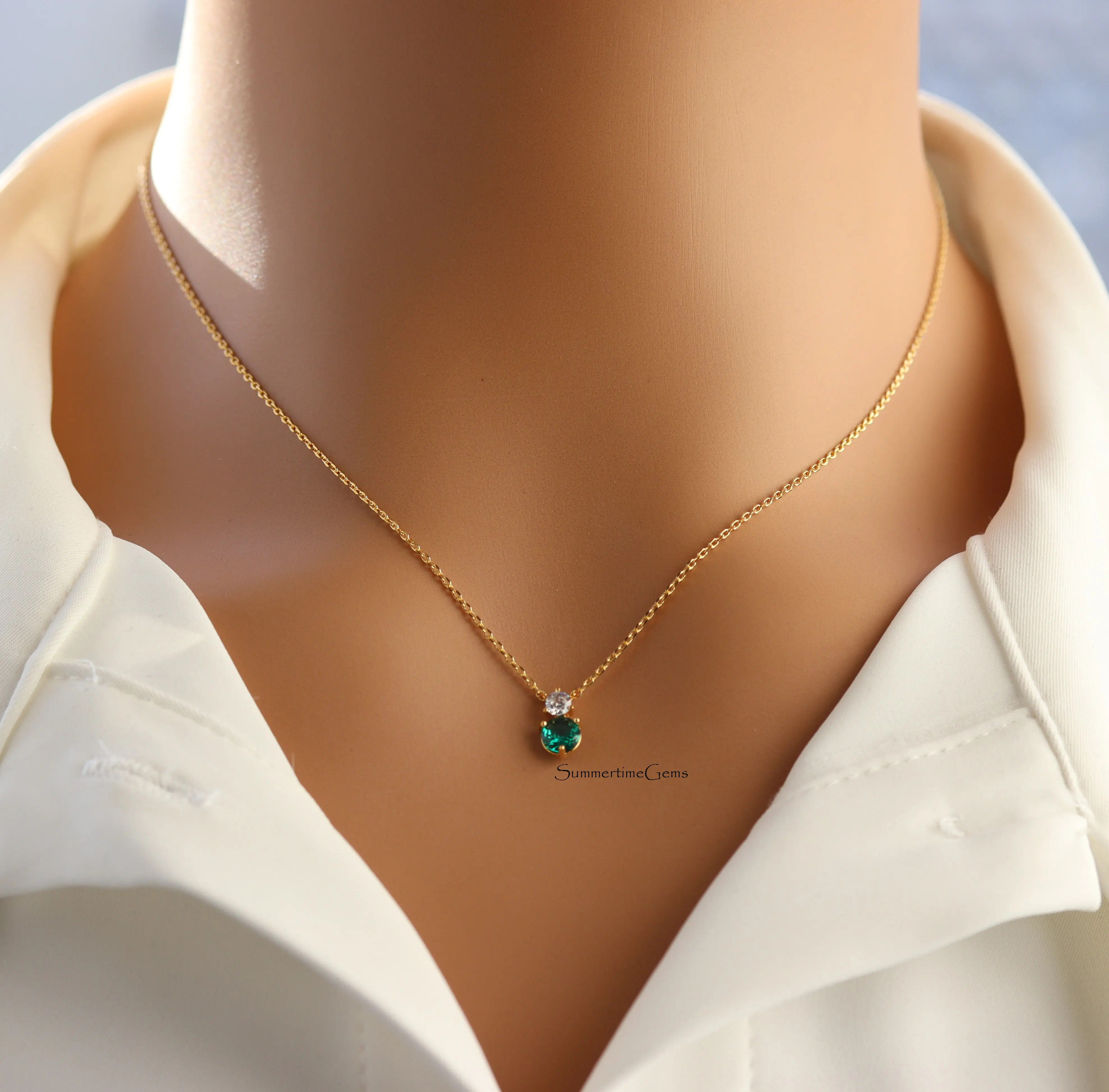 18K Gold Plated Dainty May Emerald Birthstone Pendant Necklace – Elegant Green Gem Jewelry Gift for Her