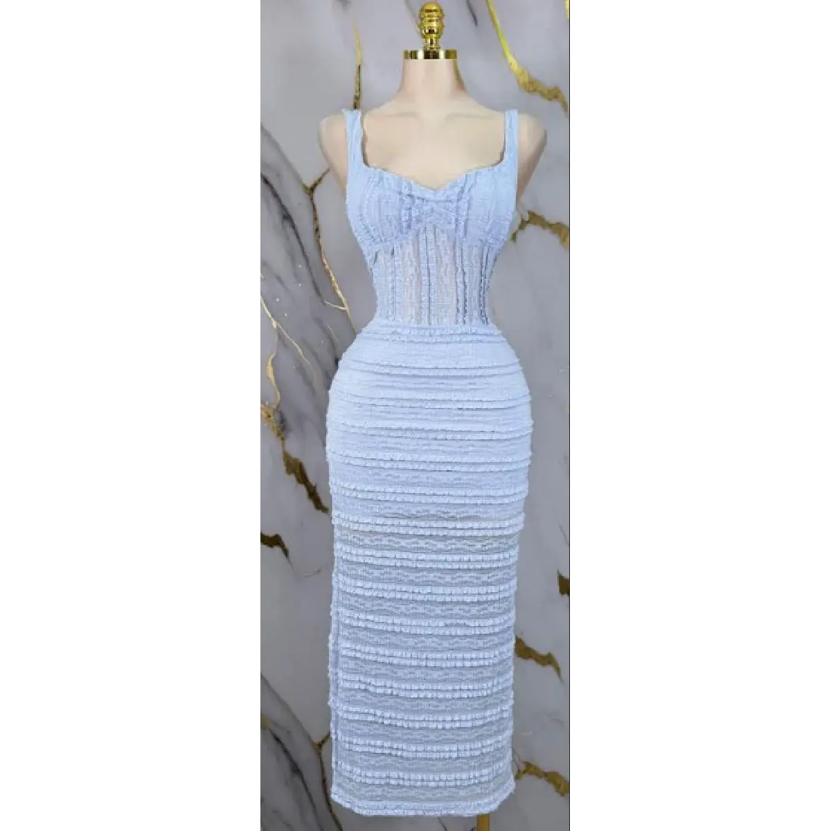Baby Blue Textured Midi Dress – Ruched Bodycon with Wide Straps