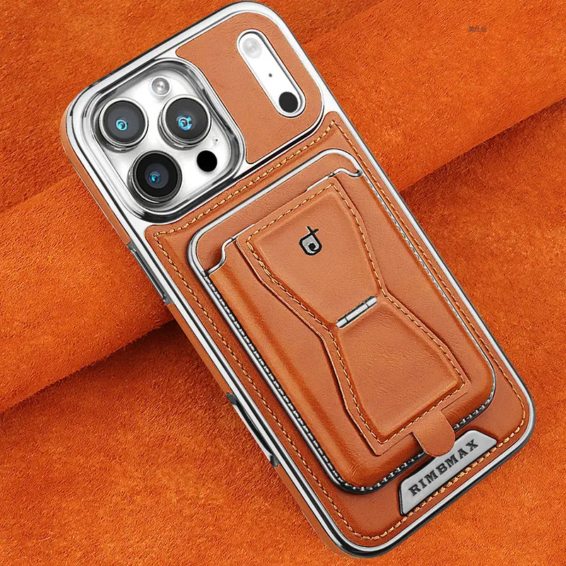 Electroplated Cow Leather Smartphone Case for iPhone 17 Pro Max, 17-16-15 Devices - Handheld Magnetic, 15 Shockproof for Drops, Card Holder, Hands-Free Viewing Stand, Customized Casing (Light Brown) with Protection, Cow Hide