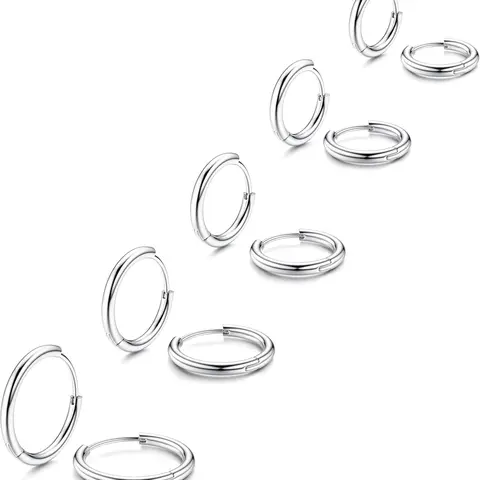 5 Pairs Surgical Stainless Steel Hoop Shape Earrings, Circle Shape Earrings, for Men Women Hypoallergenic Huggie Hoop Earrings Helix Cartilage Tragus Daith Nose Piercing Jewelry 6mm/7mm/8mm/9mm/10mm Hoop Earring Sets Stainless Steel Hoops Earring Pack