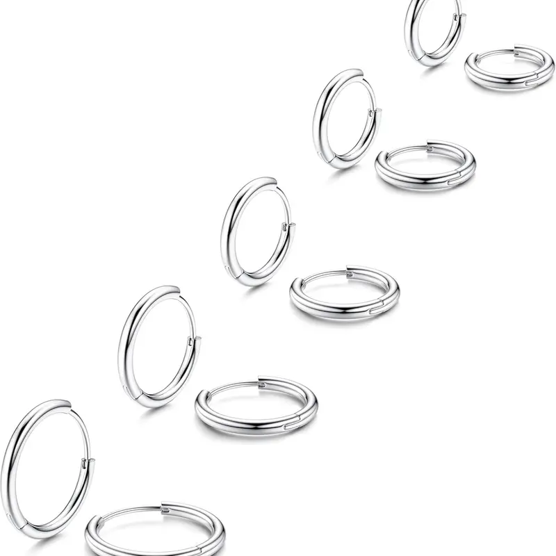 5 Pairs Surgical Stainless Steel Hoop Shape Earrings, Circle Shape Earrings, for Men Women Hypoallergenic Huggie Hoop Earrings Helix Cartilage Tragus Daith Nose Piercing Jewelry 6mm/7mm/8mm/9mm/10mm Hoop Earring Sets Stainless Steel Hoops Earring Pack