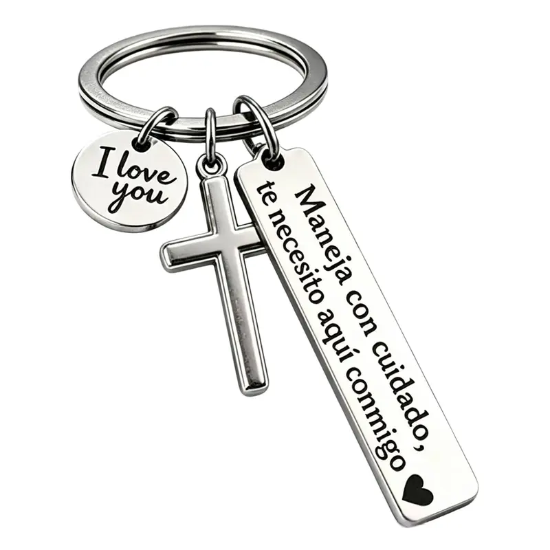Engraved "I Love You" Safety Message Cross Charm Keychain - Unisex Key Holder, Car Key Rings, Spanish Religious Anniversary Gift for Him, Key Rings For Car Keys