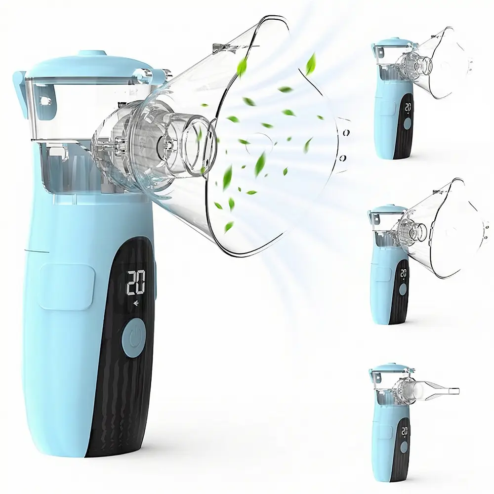 Blue Lightweight Portable Mesh Atomizer for Home & Daily Use, 2 Modes, Auto Self-Cleaning, Quiet Low-Noise Design, USB Rechargeable, Gentle for Adults & Children, Includes Masks, Blue Version