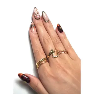 Mocha Bloom Statement Nail Set - Glossy Mocha Palette with Tortoise Accents & Metallic Details - Comfortable Lightweight Design - 100% Handmade Nails