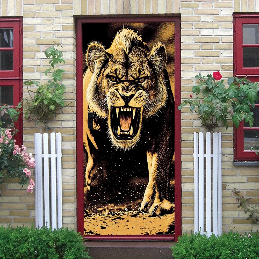 2pcs African Lion Wall Sticker Roaring Beast Pattern Home Decor Removable Self-adhesive PVC Decal for Living Room Bedroom Wall Art Animal Theme Kids Room Background Decorative Eco-friendly Waterproof