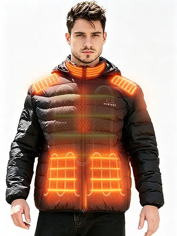 【Power Bank Included】HEWINZE Men's Heated Jacket with Detachable Hood 7.4V 5000mah Battery, Waterproof Winter Outdoor Heating Jackets, 6 Heating Zones Menswear, Front‑Back Independent Dual Control, 3 Adjustable Heat Settings