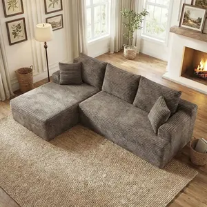 L-Shaped Modular Sectional Sofa with Chaise, Boneless Comfy Corduroy Fluffy Couch with Deep Seat and Side Pockets, Flexible Module Combination for Living Room, No Assembly