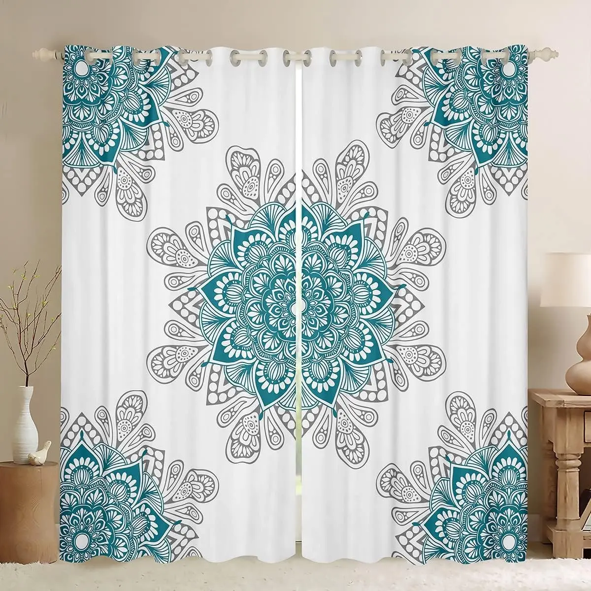 Feelyou 4-Piece Boho Blackout Window Drapes - Colored Curtains with Turquoise Mandala, Grey Paisley Prints, Home Decoration Curtain for Household Use